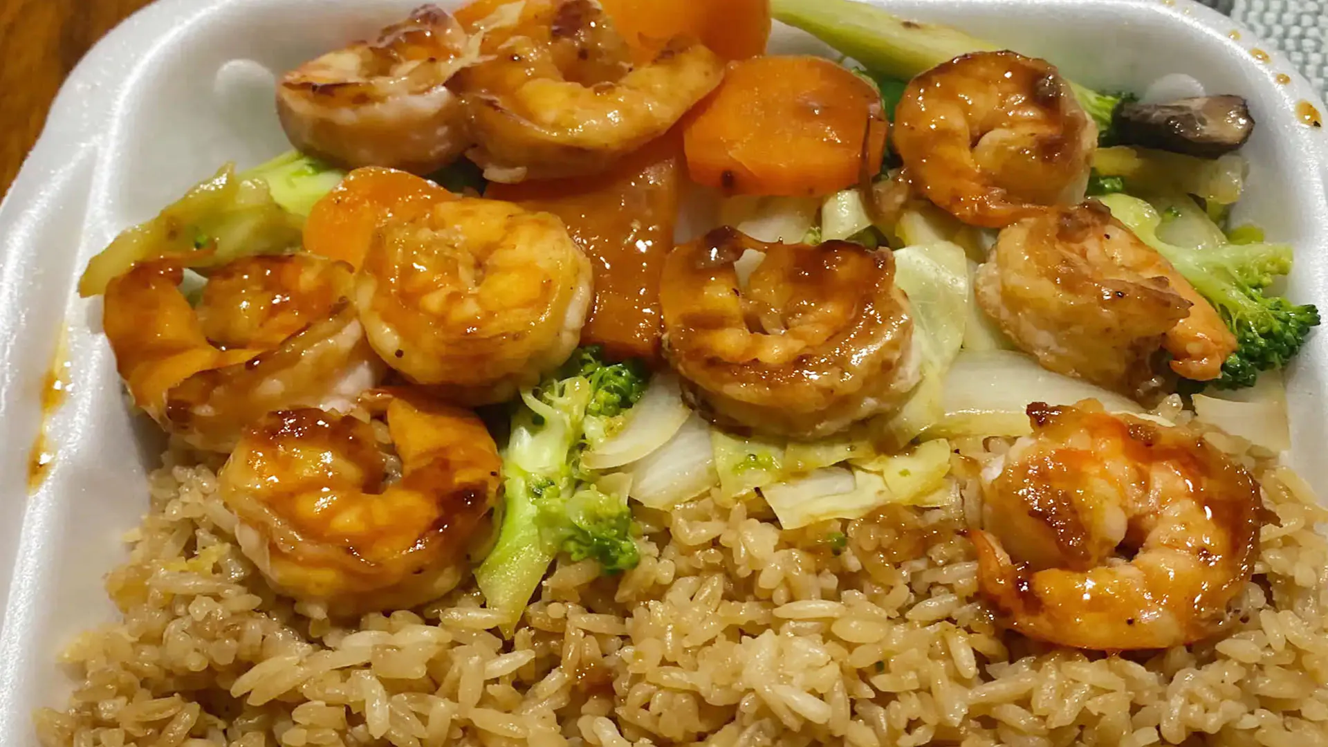Plump grilled shrimp hibachi with fried rice and veggies at Fuji Asian Food Express, a Asian Restaurant in Greensboro