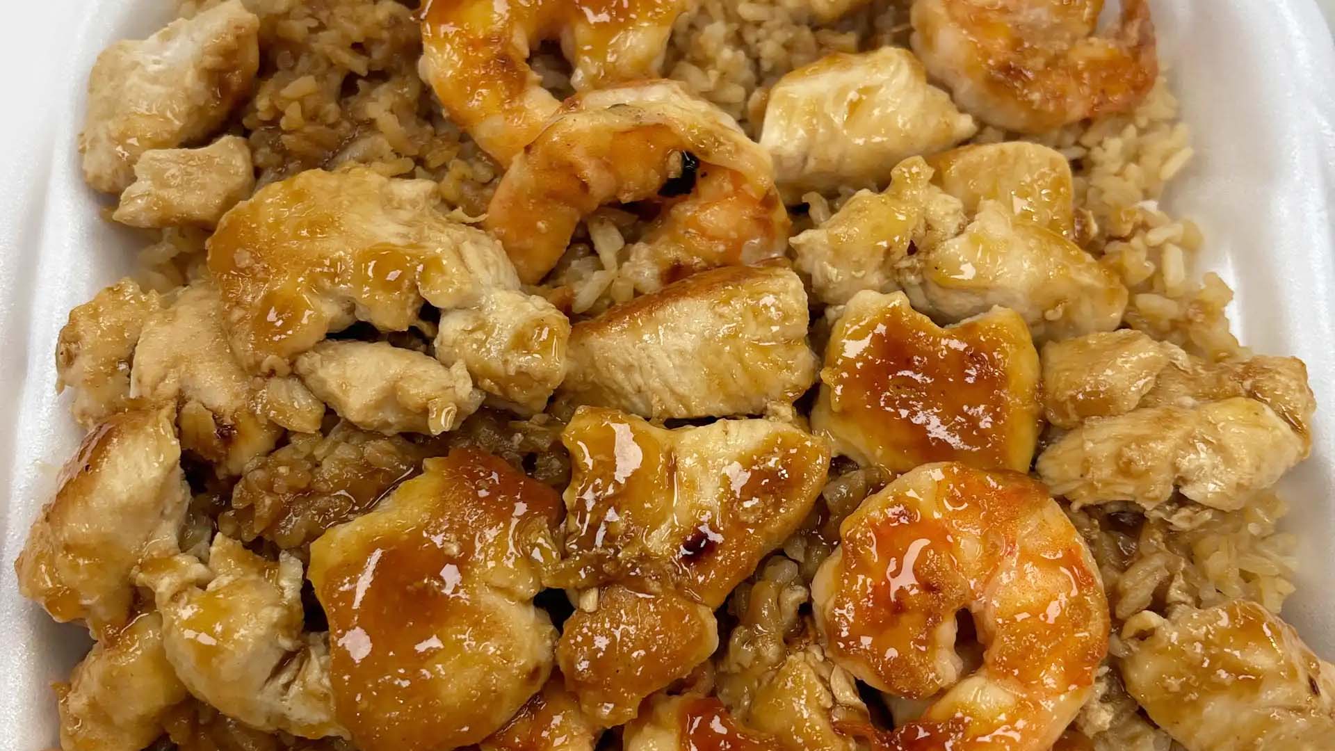 Takeout shrimp hibachi with fried rice and vegetables at Fuji Asian Food Express, a Asian Restaurant in Greensboro