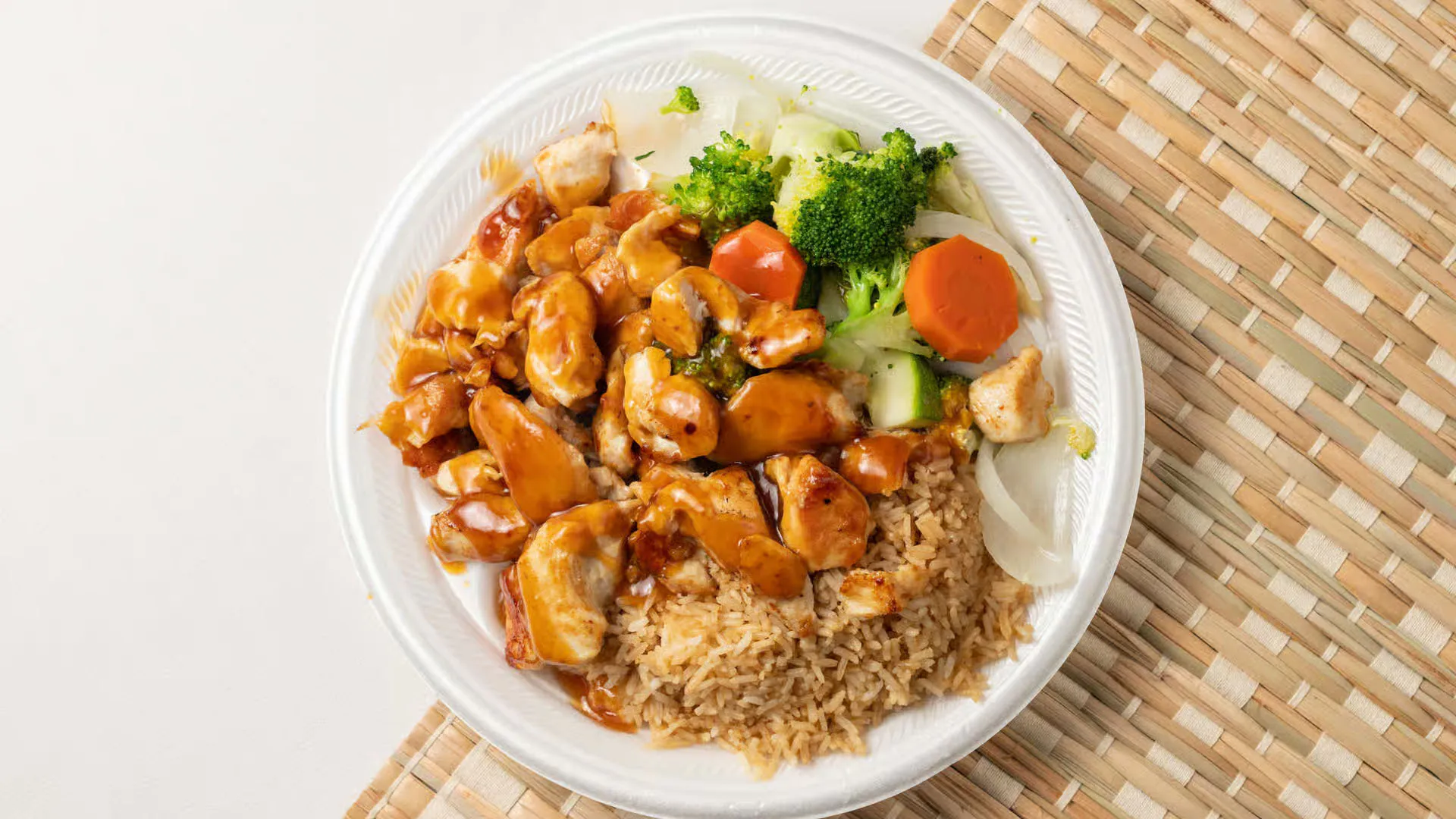Glazed teriyaki chicken hibachi with fried rice and veggies at Fuji Asian Food Express, a Asian Restaurant in Greensboro