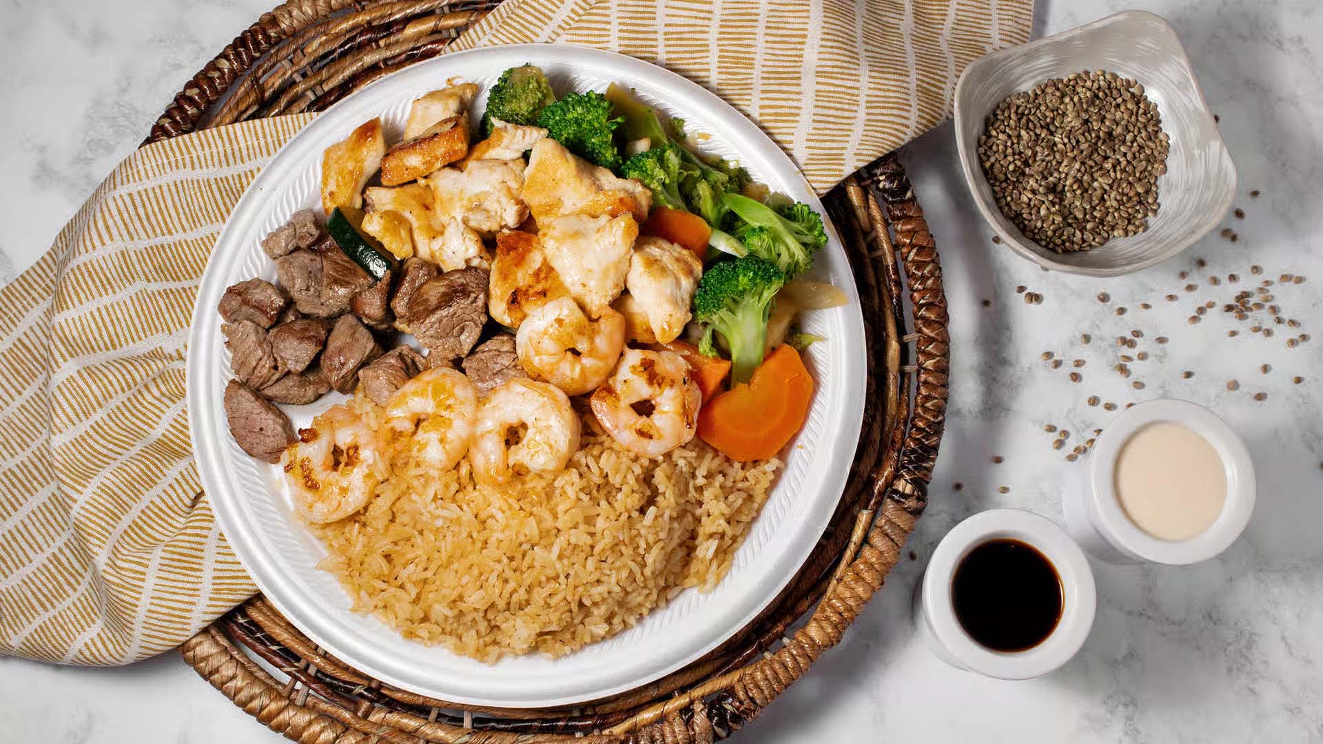 Triple protein hibachi with steak, chicken, shrimp, rice and veggies at Fuji Asian Food Express, a Asian Restaurant in Greensboro